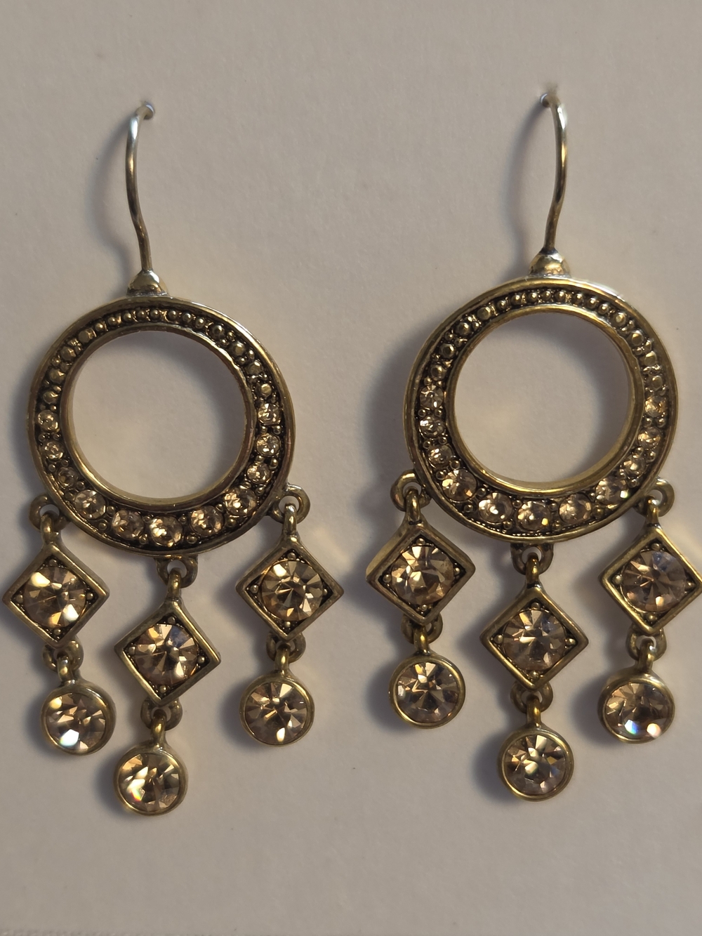 Vtg Monet Gold-Tone Black Accent w Embellished Clear Rhinestone Dangle Earrings